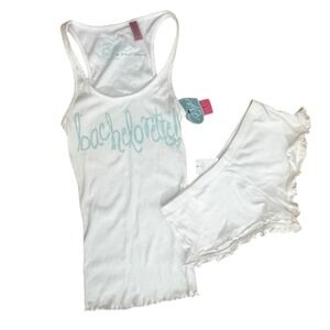 Betsey Johnson Bachelorette Pajama Tank Top Shorts Set White Ribbed Ruffle M